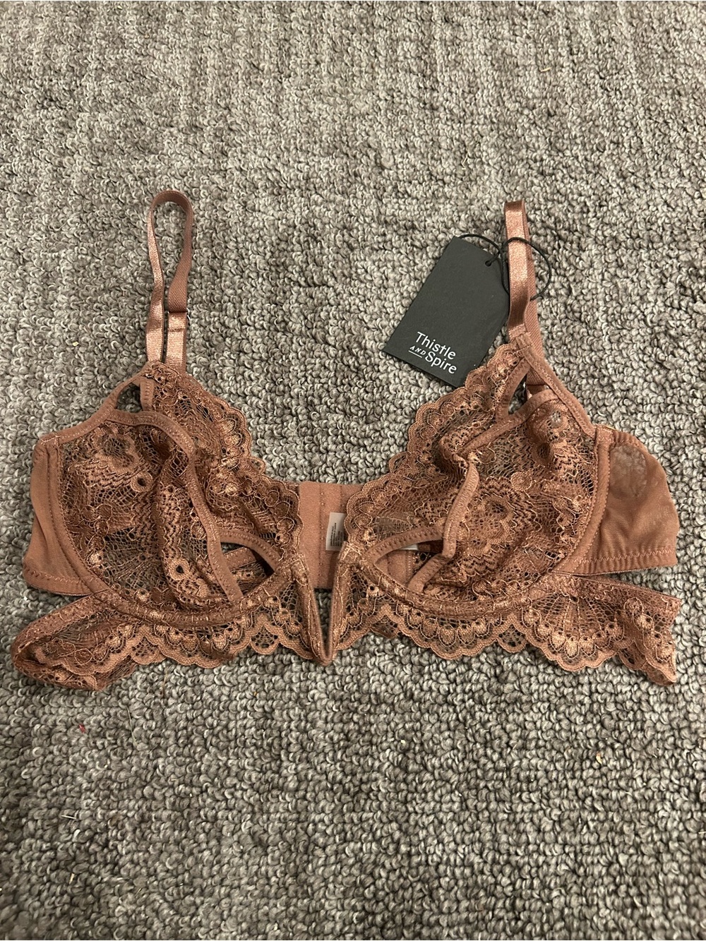 NWT Thistle and Spire V-Wire Bra Brown Size 36C Lace 3-Clasp Back
